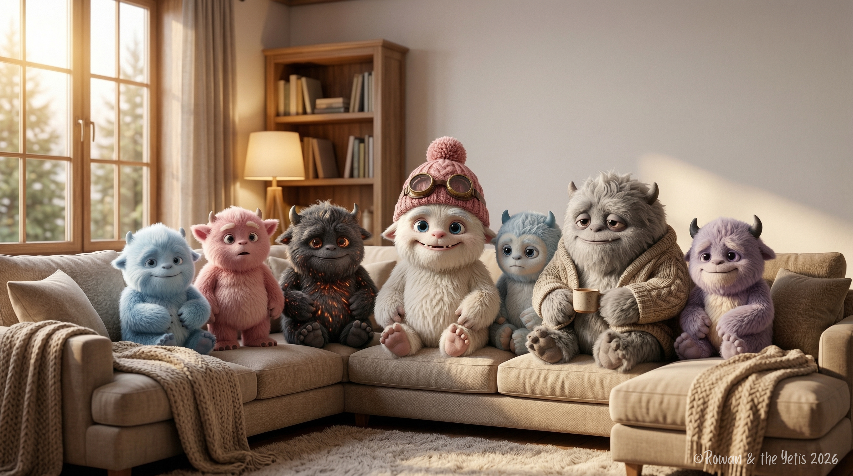 Rowan and the Yetis — a cozy group of adorable yeti characters sitting together on a couch